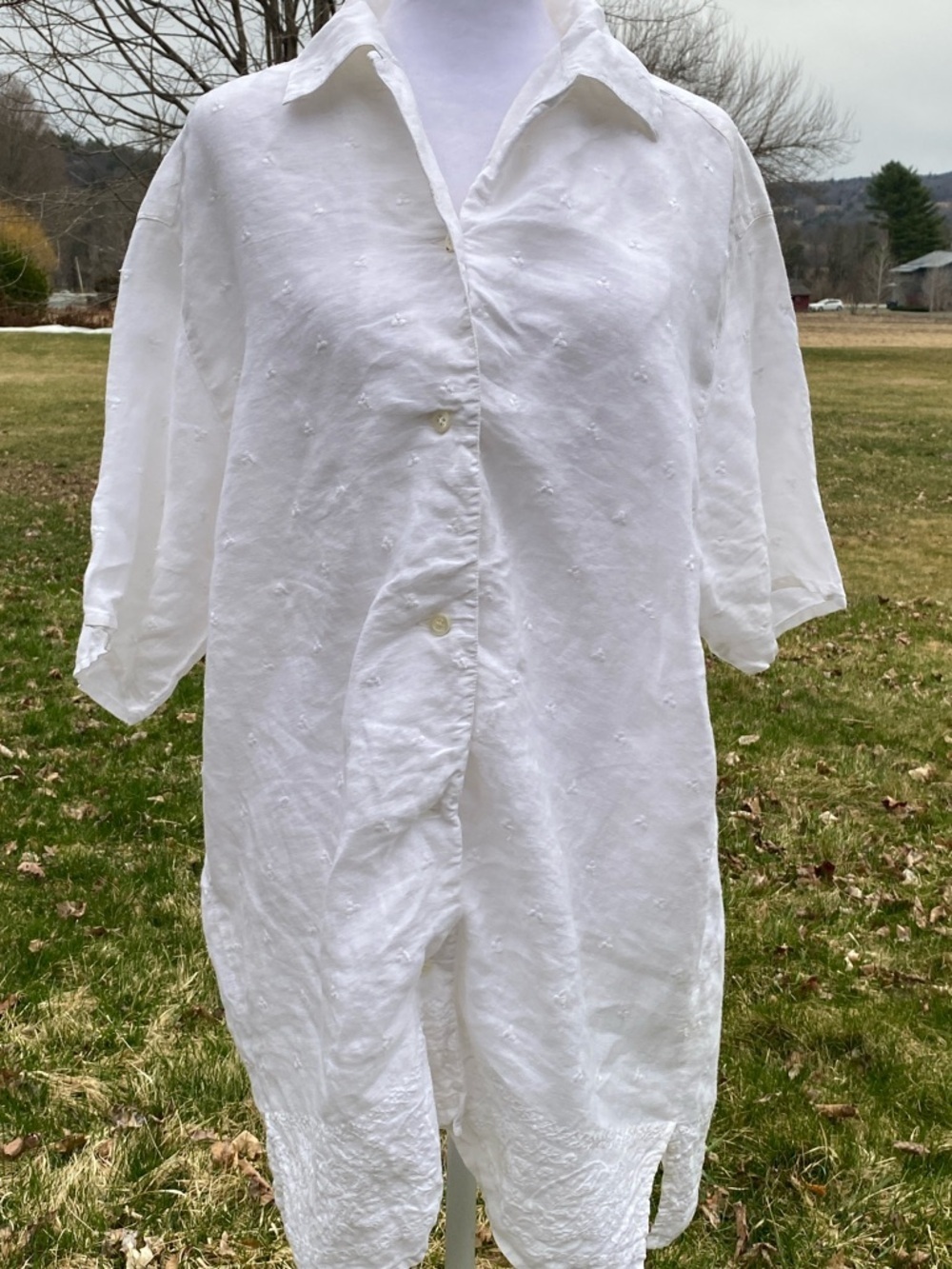 Weekend Max Mara Studio White Linen Eyelet Lace Embroidered Shirt Dress Size L